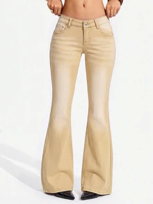 Jeanoix Women's Casual Daily Denim Flare Leg Pants With Pockets And Buttons - Khaki - View 3