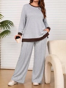 Rosumi 大尺碼女款 2 件組棕色秋季修身休閒居家服，對比色連帽衛衣與寬腿運動長褲套裝，附口袋，舒適居家套裝 - 灰色 - 查看 7