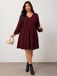 Enliva Plus Size Women Solid Color Pleated V-Neck Casual Everyday Knit Dress - Burgundy - View 9