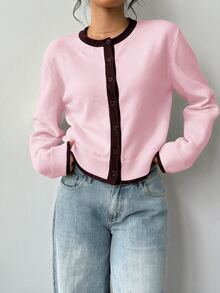 SHEIN BASICS 女款拼色長袖單排扣休閒針織開襟衫 - 粉色 - 查看 9