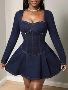 BamGleam Women's Beaded Design Sweetheart Neckline Long Sleeve Fashion Denim Dress - Dark Wash - View 3