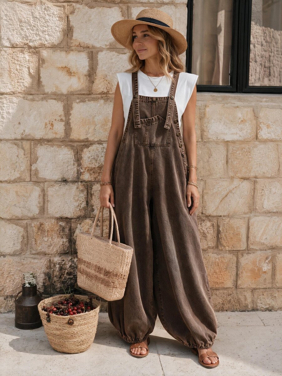 EMERY ROSE EMERY ROSE جمبسوت جينز أزرق فاتح للنساء، بنطال واسع الساق بأزرار صيفية كاجوال، تصميم جيوب فضفاض بأسلوب بالون، ملابس بوهو للمنتجعات والمناسبات، جينز - بني - مشاهدة 1