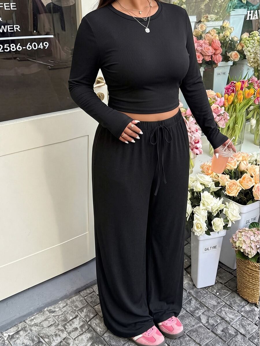GalTyme Plus Size Women Solid Color Long Sleeve Top And Pants Casual Daily 2 Pieces Set - Black - View 1