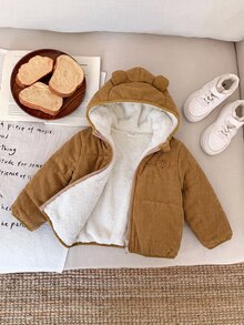 SHEIN 嬰兒男孩女孩黑色冬季抓絨內裡連帽拉鍊加厚夾棉外套 棉質休閒百搭萬用柔軟舒適運動款 適合戶外雪地玩耍 - 鏽棕色 - 查看 6