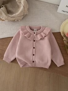 Áo cardigan em bé cổ tròn viền hoa, cổ tay và gấu áo bo gân đa năng, bền bỉ và giữ dáng - Bụi hồng - Xem 1
