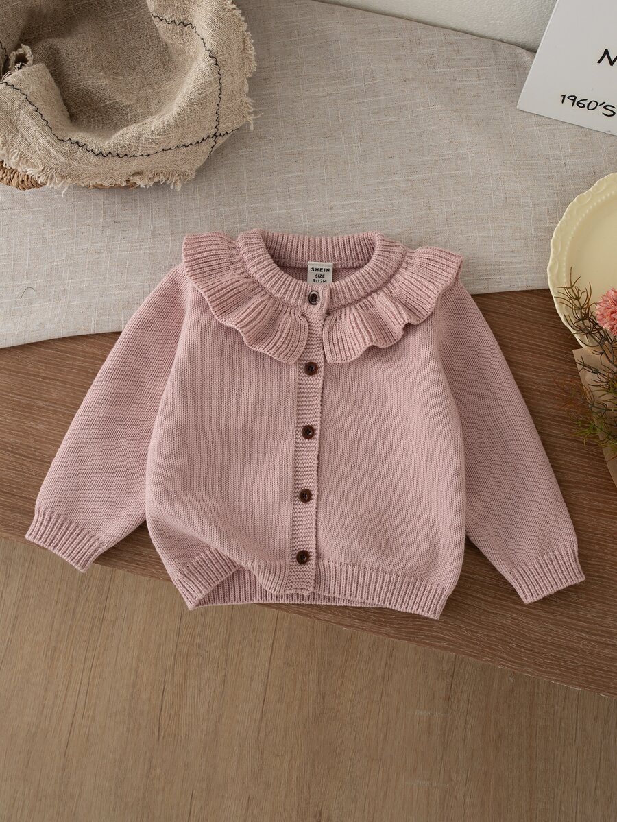 Áo cardigan em bé cổ tròn viền hoa, cổ tay và gấu áo bo gân đa năng, bền bỉ và giữ dáng - Bụi hồng - Xem 1