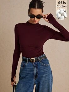 Poéselle Women High Stretch Knit 100 Cotton Turtleneck T-Shirt Solid Basic Layering Top Versatile Four Season Back To School Wardrobe Staple Everyday - Burgundy - View 6