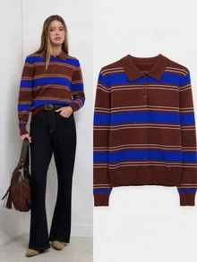 Nöista Knitted Casual Polo Collar Striped Shirt - Blue - View 3
