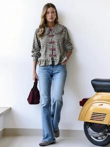 Nöista Women's Plaid Casual Versatile Daily Wear Shirt - Black and White - View 7