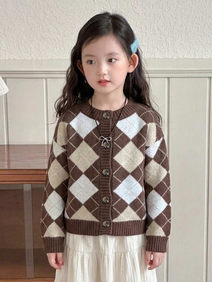 Dazy Kids 少女復古菱格紋提花鈕扣針織開襟外套 - 棕色 - 查看 1