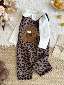 SHEIN 嬰兒/幼兒女童燈芯絨吊帶褲，可愛甜美粉色白色愛心印花蝴蝶結熊圖案，長袖高領，休閒戶外秋季萬聖節上學時尚款 - 咖啡棕 - 查看 9