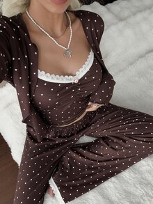 CottageSlumber Sweet Heart Print 3 PiecesPajama Set: Fresh Ruffle Camisole Top + Comfortable Long Pants + Cardigan Loungewear - Brown - View 1