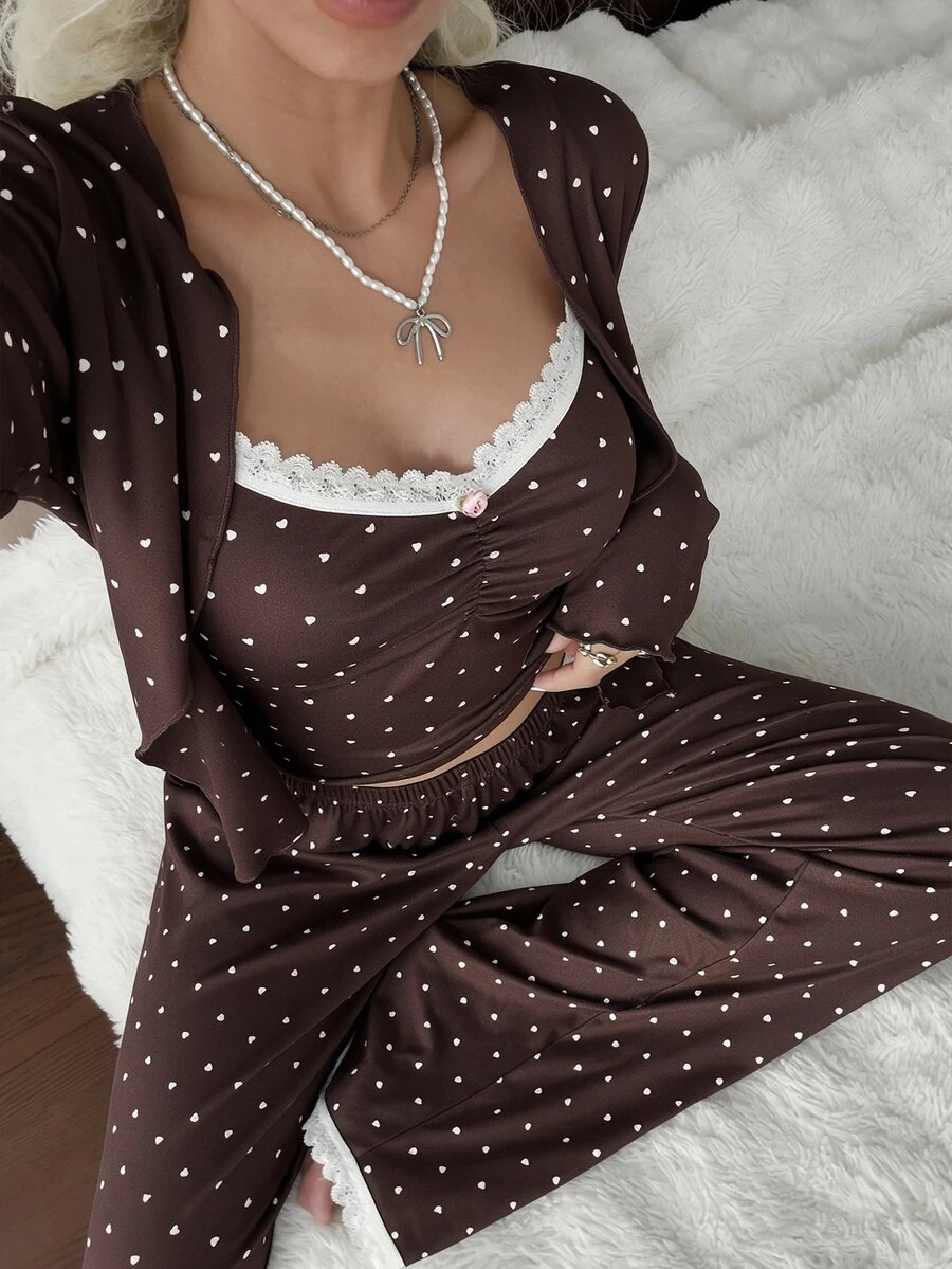 CottageSlumber Sweet Heart Print 3 PiecesPajama Set: Fresh Ruffle Camisole Top + Comfortable Long Pants + Cardigan Loungewear - Brown - View 1