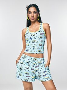 THE POWERPUFF GIRLS X SHEIN Women's Trim Tank Top And Shorts Casual 2 Pieces Set - Cadet Blue - View 3