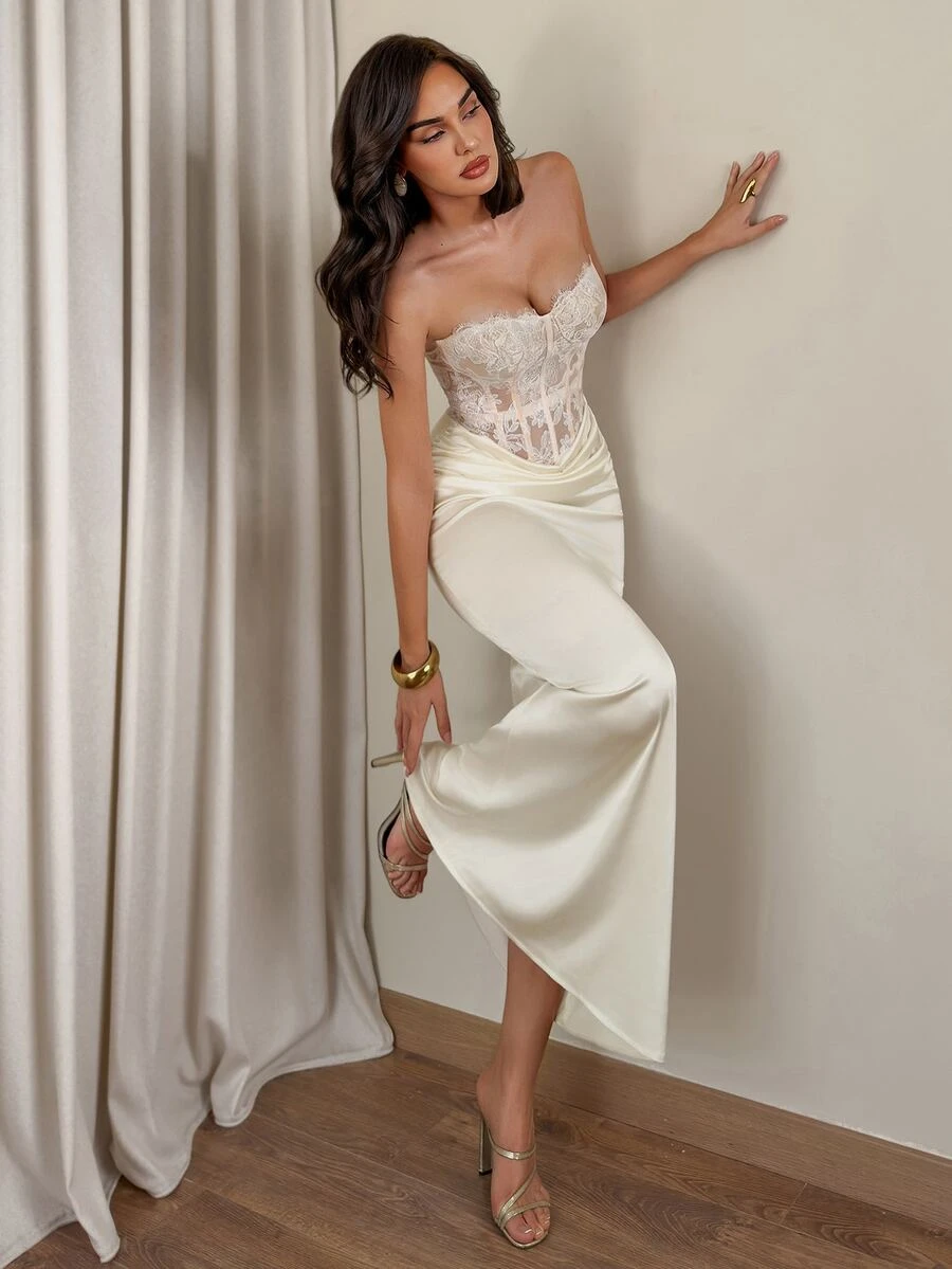 Allurite 女款性感蕾絲抓皺平口洋裝 - 香檳色 - 查看 1