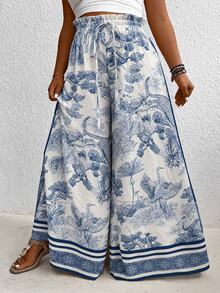 EMERY ROSE Plus Size Women's All-Over Print Casual Daily Wide Leg Pants Fall - Blue - View 4