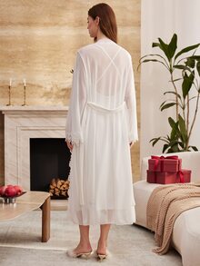 Moireta Women's Solid Color Contrast Lace Robe And Camisole Nightgown Elegant Sleepwear Set - White - View 3