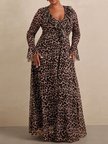 Travachic Plus Size Women's Ruffle Hem Leopard Print Dress Fall Formal Party Evening Beige Elegant - Brown - View 3