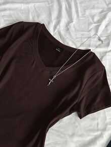 SHEIN EZwear 3件組女款夏季V領修身T恤，龐克次文化動漫純色基礎款V領短袖修身T恤 - 彩色 - 查看 5