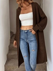 SHEIN Tall CURVE Plus Size Drop Shoulder Ribbed Knit Duster Cardigan,Long Sleeve Tops For Women Curve Tall In Fall/Winter - Coffee Brown - View 3