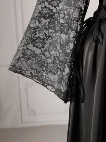 Rometta Plus Size Round Neck Long Satin Dress With Cinched Waist And Lace Sleeve Patchwork - Black - View 4