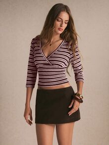 Poéselle Women's Striped V-Neck 3/4 Sleeve Casual Versatile T-Shirt - Burgundy - View 6