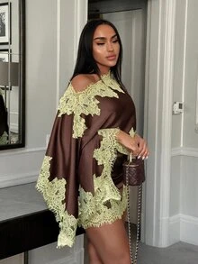 SHEIN SXY 女款撞色蕾絲不對稱肩蝙蝠袖上衣與緊身裙時尚優雅兩件套，適合早午餐、茶會，棕色 - 彩色 - 查看 4