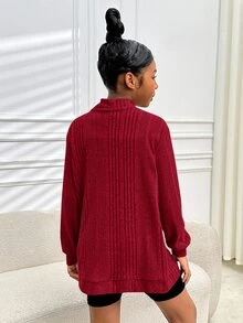 SHEIN 青少年女孩針織長袖口袋黑色輕量透氣經典易打理親膚開襟衫休閒穿搭，秋冬款 - 紅色 - 查看 7