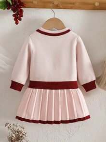 Souflis Souflis 女嬰可愛小熊提花裝飾圓領套頭 A 字洋裝，附百褶下擺與手工蝴蝶結裝飾，舒適適合外出與旅行 - 粉色 - 查看 2