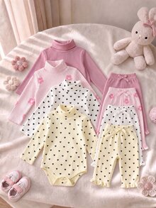 SHEIN 4件組女嬰印花高領羅紋彈性百搭長袖加厚連身衣，適合冬季 - 彩色 - 查看 6