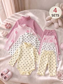 SHEIN 4件組女嬰印花高領羅紋彈性百搭長袖加厚連身衣，適合冬季 - 彩色 - 查看 1