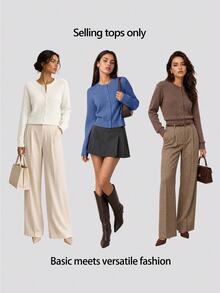 SHEIN BASICS 女款純色單排扣休閒百搭長袖開襟衫，適合日常外出、商務辦公、早午餐，米白色，秋季教師節 - 霧霾藍 - 查看 8