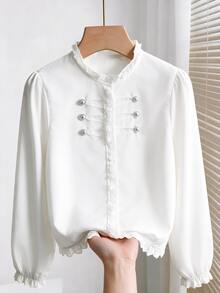 Muvela Women's Button Design Ruffle Collar Long Sleeve Casual Shirt - Beige - View 6