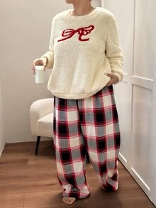 ZzzCrew Plus Size Women's Printed Plaid Embroidered Bow Pajama Set - Apricot - View 5