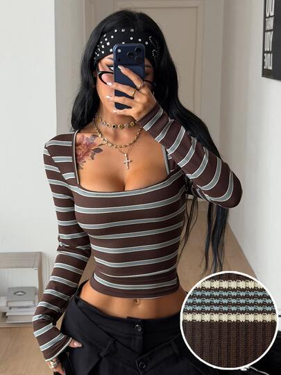Coolane Camiseta de manga larga con cuello cuadrado, bustier elástico a rayas marrón & azul, elegante Y2K, formal, casual, uso diario, otoño invierno, talla grande para mujer, Halloween