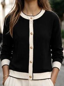 GlowEve CURVE Plus Size Women's Colorblock Long Sleeve Single-Breasted Casual Knit Cardigan - Multicolor - View 5