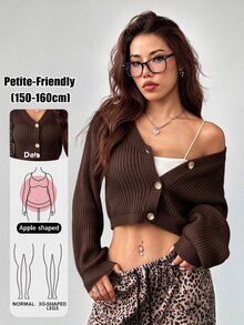 SHEIN PETITE White Lantern Sleeve Button Front Rib Knit Cardigan Open Shoulder Sweater In Autumn Petite Women Date Day Everyday Going Out Daily Wear Casual Sexy - Coffee Brown - View 10