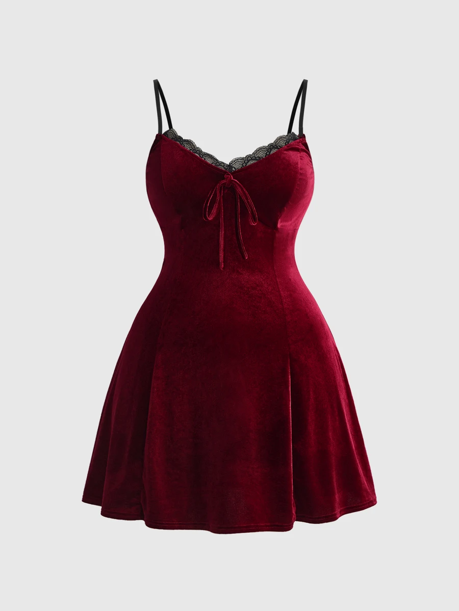 ROMWE Fairycore Plus Size Flocked Lace Patchwork Cami Dress - Burgundy - View 1