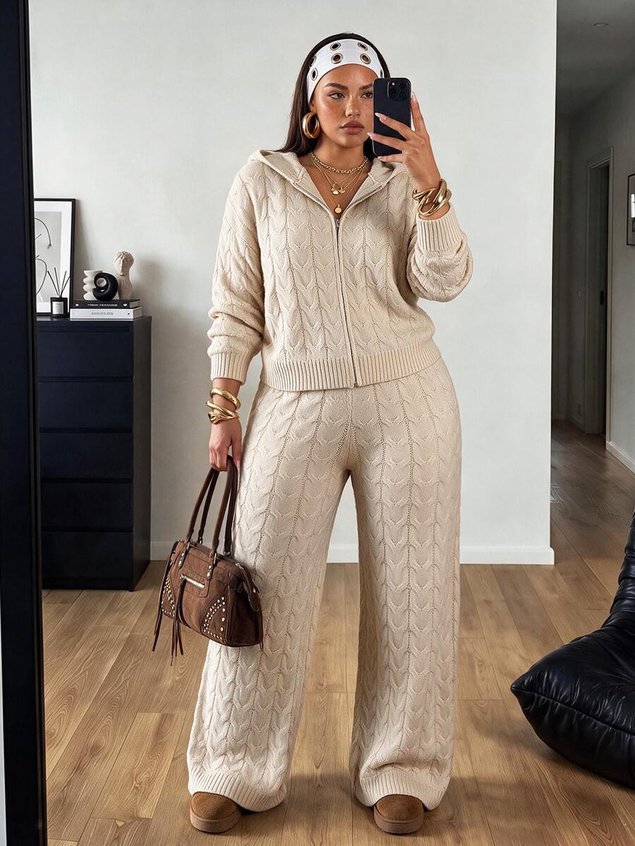 POPSWAY Plus Size Women's Oatmeal Gray Cable Knit Front Zip-Up Lapel Short Cardigan + High-Waist Drapey Wide Leg Knit Pants 2 Pieces Set, Suitable For Daily Commute/Outing Date/Indoor Outdoor/Halloween Christmas Outfit - Khaki - View 1