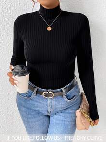 SHEIN CURVE+ Plus Size Black Ribbed Turtleneck Long Sleeve T-Shirt, Suitable For Autumn/Winter, Christmas, New Year - Black - View 5