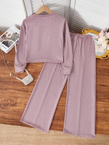 Women's Crew Neck Knit Set, New Autumn Loose Crop Top And Drapey Wide Leg Pants, Casual 2 Pieces Outfit - Khaki - View 2