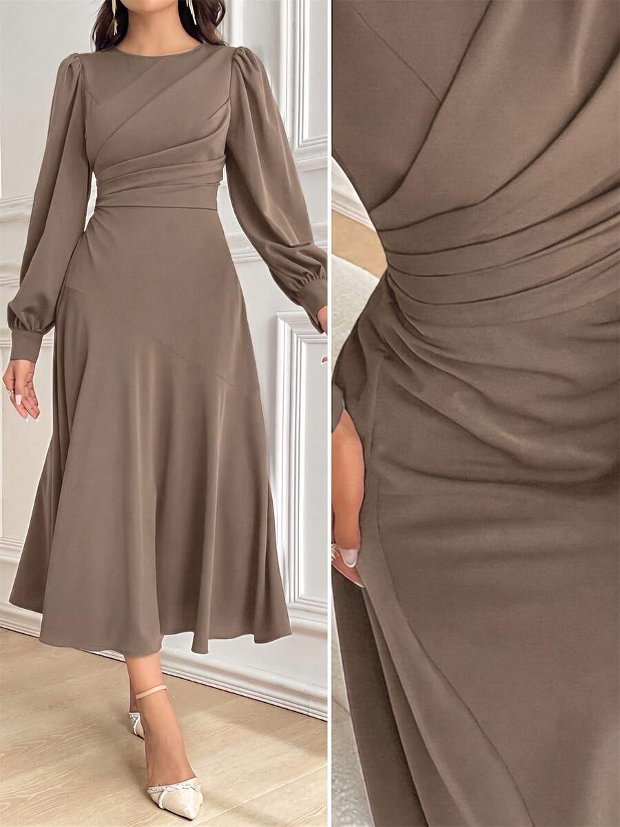 Modelyn 酒紅色女款純色圓領燈籠袖百褶優雅中長洋裝,秋季長款晚禮服,端莊黑色中長洋裝 - 駝色 - 查看 1