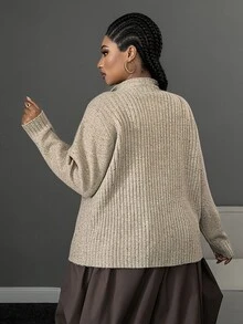 Maweii Plus Size Women's Autumn/Winter Brown Elegant Commute Knit Cardigan, Oatmeal Asymmetrical Asymmetric Button Lapel Two-Way Wear Knit Cardigan, Vintage Multicolor Ribbed Loose Design Slouchy Top - Khaki - View 4