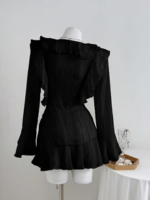 Elamini 2pcs/Set Apricot Winter Commuter Daily Waist Cinched Ruffle V-Neck Bell Sleeve Cute Casual Women Long Sleeve Mini Dress Set - Black - View 3