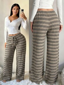 SHEIN SXY 女款舒適休閒 90 年代簡約低腰抽繩寬腿褲 綠色條紋套裝 舒適居家服 夏季 - 彩色 - 查看 1