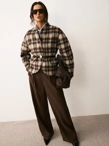 ATUI Studio Women's Fashion Plaid Long Sleeve Overcoat, Versatile - Brown - View 8