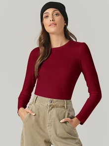 SHEIN BASICS 女款經典酒紅色長袖襯衫，柔軟透氣圓領百搭上衣，適合日常、夜生活、秋季休閒穿搭 - 酒紅色 - 查看 3