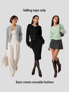 SHEIN BASICS 女款純色單排扣休閒百搭長袖開襟衫，適合日常外出、商務辦公、早午餐，米白色，秋季教師節 - 綠色 - 查看 11