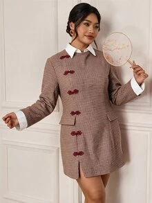 EastFlair Plus Size Women's Houndstooth Placket Long Sleeve Elegant Dress Fall - Multicolor - View 7