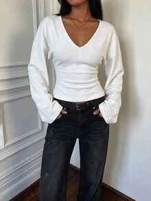 SHEIN Tall 女款休閒百搭純色喇叭袖上衣 - 白色 - 查看 5